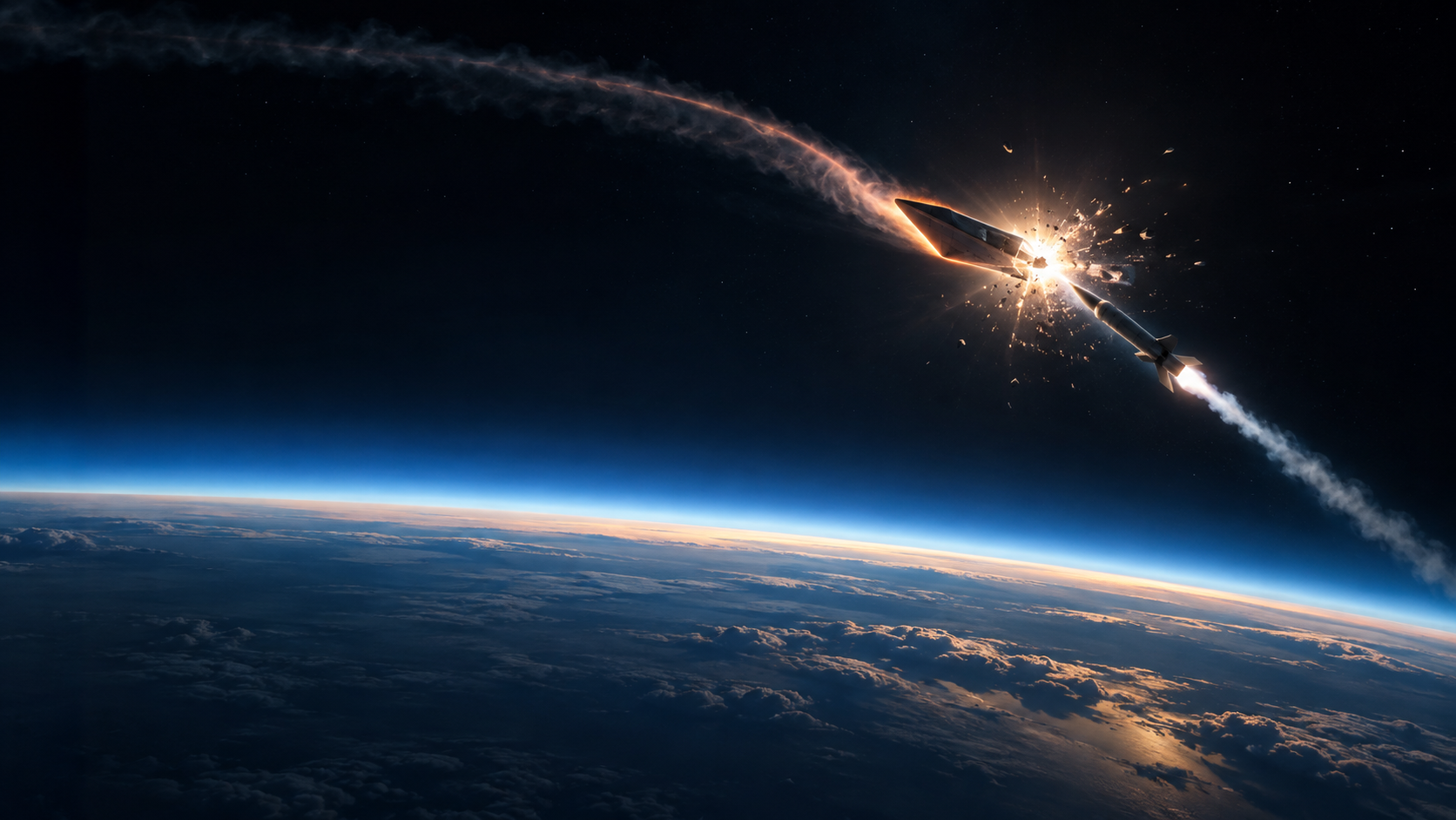 Conceptual visualization of a defensive interceptor engaging a maneuvering hypersonic target above Earth